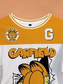 GARFIELD | SHEIN تي شيرت صيفي كاجوال بمقاسات كبيرة مع طباعة كرتونية وتصميم كتل لونية وقطع متداخلة - أبيض - مشاهدة 4