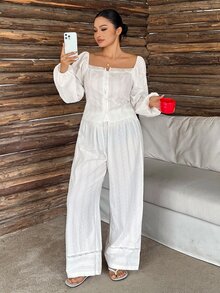 Dazy Plus 2pcs Textured Fabric Petal Sleeve Top & Straight Leg Long Pajama Pants Set, Spring/Autumn Sleepwear Outfit - White - View 3