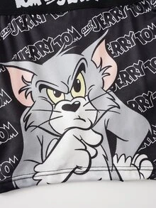 TOM & JERRY X SHEIN 男士緹花腰帶舒適字母印花四角內褲 - 黑色 - 查看 7