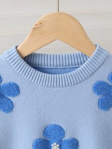 SHEIN Vintaside Kids 韓式幼兒淺藍色圓領毛衣，3D毛巾緹花藍色花朵珍珠裝飾，女童寬鬆柔軟針織上衣，秋冬款 - 藍色 - 查看 4