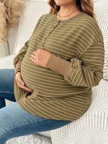 Plussiva 大尺碼孕婦條紋鈕扣半開襟長袖上衣 - 綠色 - 查看 5