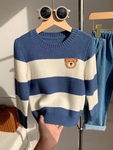 SHEIN Young Boys Cartoon Bear Kids Striped Pattern Crew Neck Long Sleeve Pullover Autumn Sweater - Multicolor - View 1