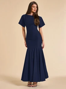 SHEIN BAE 女款法式優雅修身荷葉邊A字洋裝 - 藏蓝色 - 查看 3
