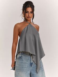 SHEIN BAE 春夏女款休閒度假掛脖露背不對稱下擺黃色純色緞面背心，適合海灘度假、海灘假期、姐妹休閒度假，優雅實用黃色緞面背心 - 深灰色 - 查看 6