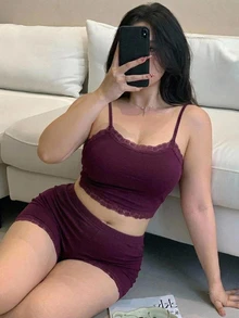 Dazy Plus Sexy Lace Patchwork Cropped Camisole & Shorts Purple Pajama Set - Purple - View 1