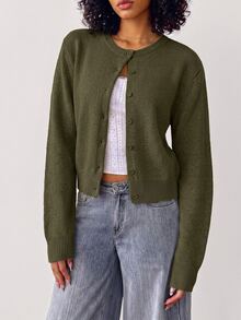 SHEIN BASICS 女款復古素色單排扣長袖針織開襟衫 - 軍綠色 - 查看 3