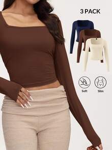 SHEIN BASICS 3件組女款純色針織長袖修身方領短版T恤，夏季服飾 - 彩色 - 查看 3