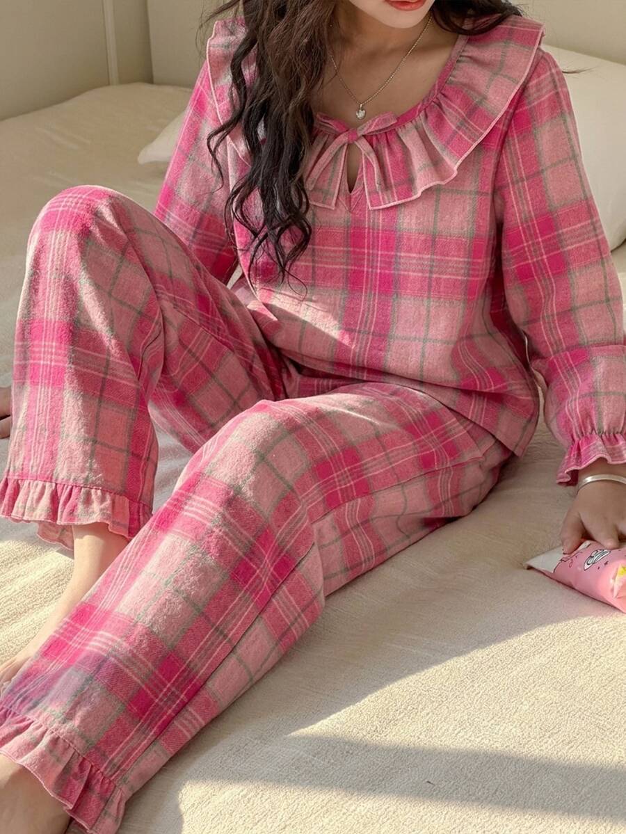 DAZY Tween女孩秋季服飾 女孩(大號)圓領針織印花短袖T恤 + 格紋睡褲家居服套裝 - 西瓜粉 - 查看 1