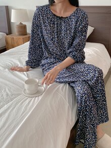 DAZY Women's Minimalist Polka Dot Print Long Sleeve Top And Casual Long Pants Pajama Set - Navy Blue - View 1