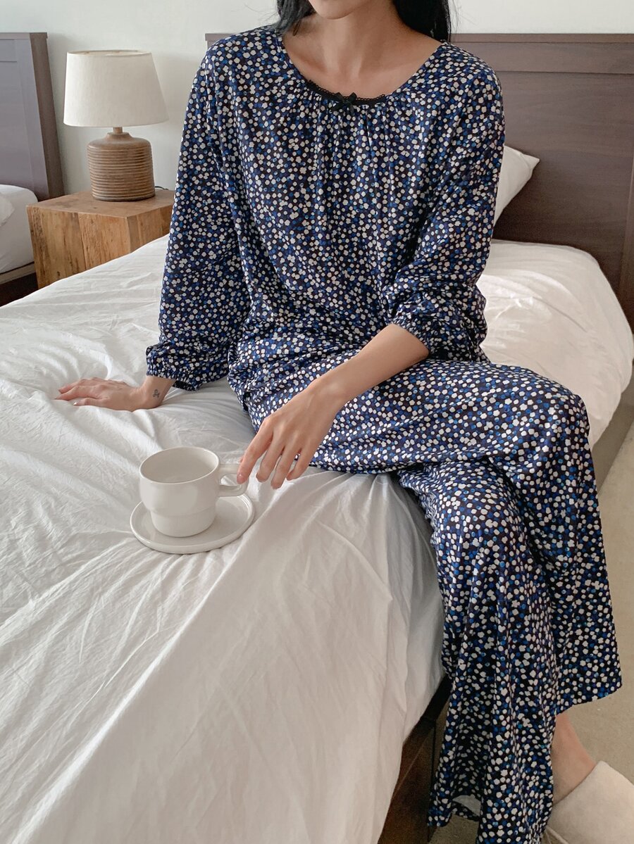 DAZY Women's Minimalist Polka Dot Print Long Sleeve Top And Casual Long Pants Pajama Set - Navy Blue - View 1