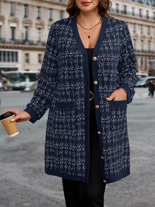 SHEIN Clasi Plus Size Casual Plaid Jacket, Autumn Fall - Navy Blue - View 1