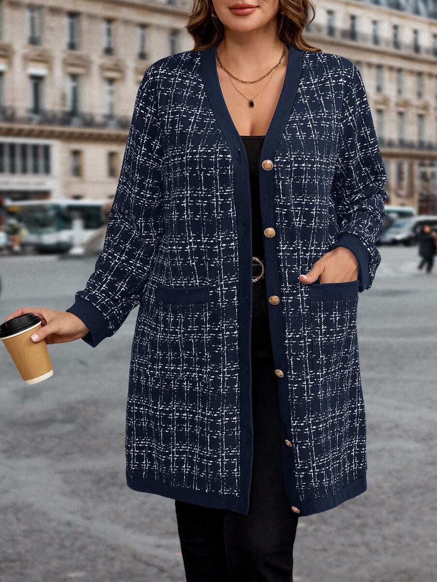 SHEIN Clasi Plus Size Casual Plaid Jacket, Autumn Fall - Navy Blue - View 1