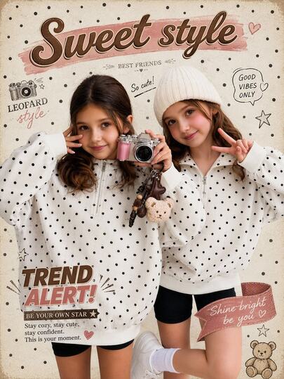 Tween Girl 1pc Polka Kids Dot Print Drop Shoulder Half Zip Autumn Sweatshirt