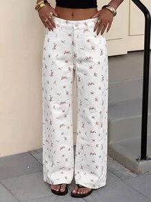 SHEIN Tall 女款時尚花卉印花鈕扣口袋牛仔褲 - 彩色 - 查看 7