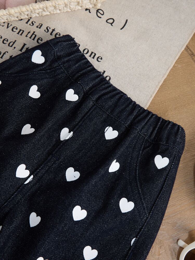 Infant Girl Heart Pattern Lace Trim Dark Blue Denim Loose Cuffed Pants - Medium Wash - View 3