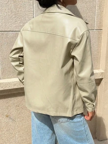 SHEIN Unity 女款純色長袖前拉鍊休閒PU標準版夾克 - 卡其色 - 查看 2