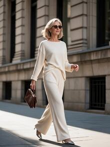 Offisola Women's Fashion Minimalist Ribbed Knit 2 Pieces Set With Asymmetrical Hem And Folded Cuffs, Casual Commuter Elegant Outfit, Suitable For Mom Wear - Apricot - View 4