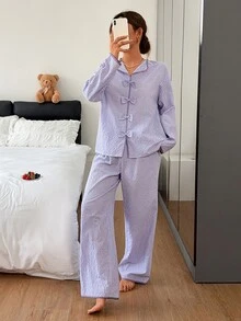 Livesso Spring/Autumn White Women's Style Bow Decor Loose Split Leg Pajama Set - Purple - View 3
