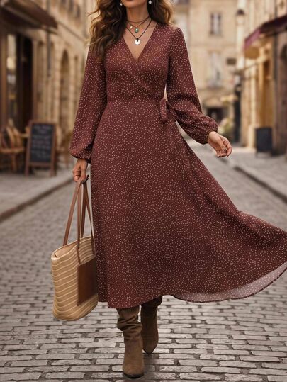 Brillora Brown White Polka Dot Wrap Midi Dress, Long Sleeve V‑Neck For Fall Commute,Wrap Design,Brown Polka Dot,Autumn Clothes,Office Outfits,Christmas