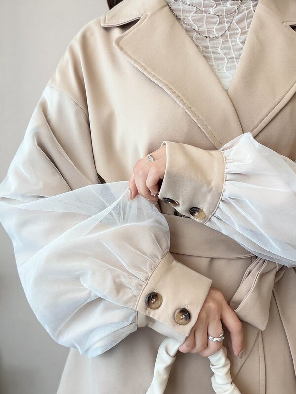 FRIFUL Áo blazer nữ cổ ve vai trễ tay dài hai hàng cúc