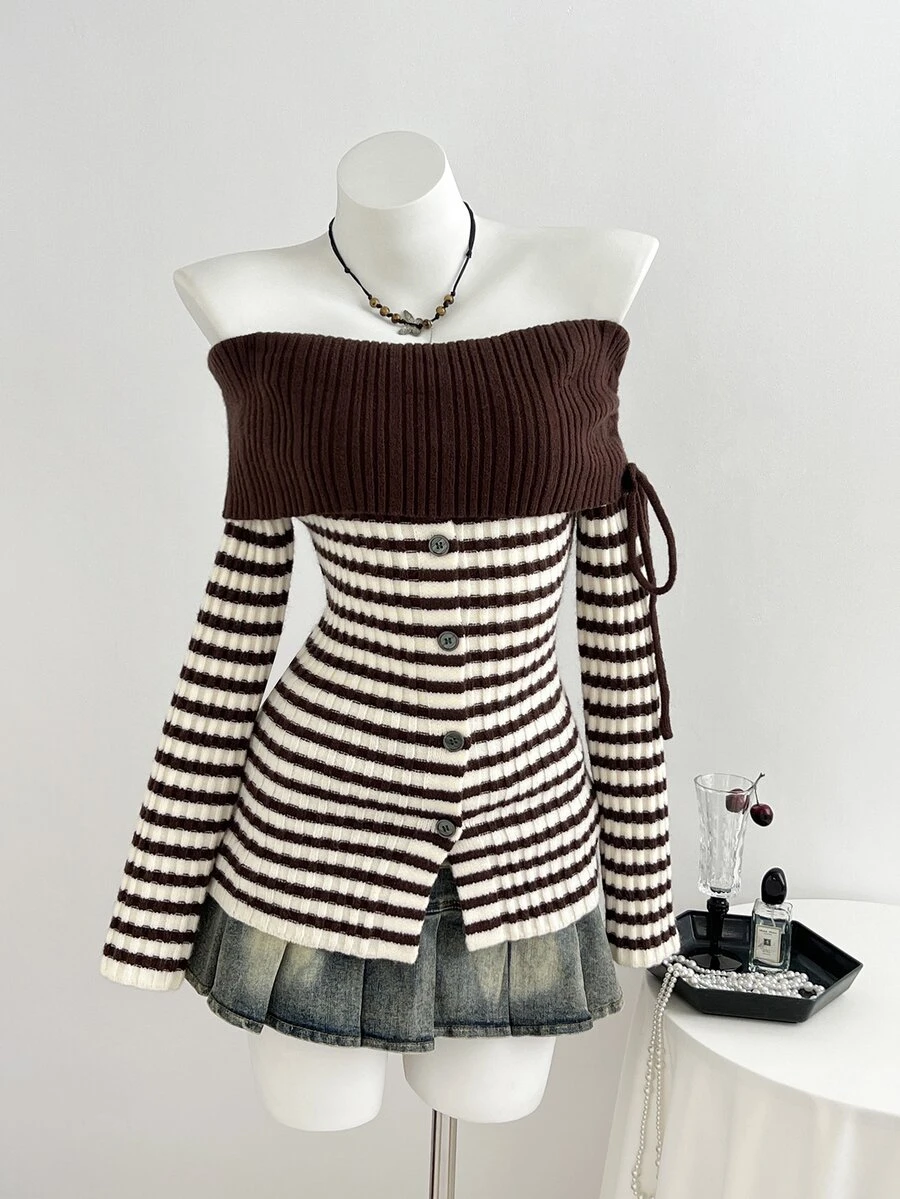 Elamini Women's Autumn/Winter Casual Colorblock Striped Off-Shoulder Sweater - Khaki - View 1