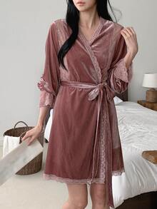 DAZY Women's Elegant Lace Trim Robe With Belt Fall - Dusty Pink - View 13