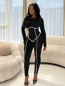 Glyssa Jumpsuit Pas Badan dengan Trim Kontras yang Modis dan Seksi - MultiWarna - View 3