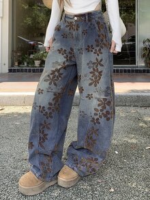 DAZY Women's Casual Vintage Streetwear Daily Everyday Day Time Denim Jeans With Pocket, Button And Floral Pattern Cute Tops Blue Floral Summer - Blue - View 1