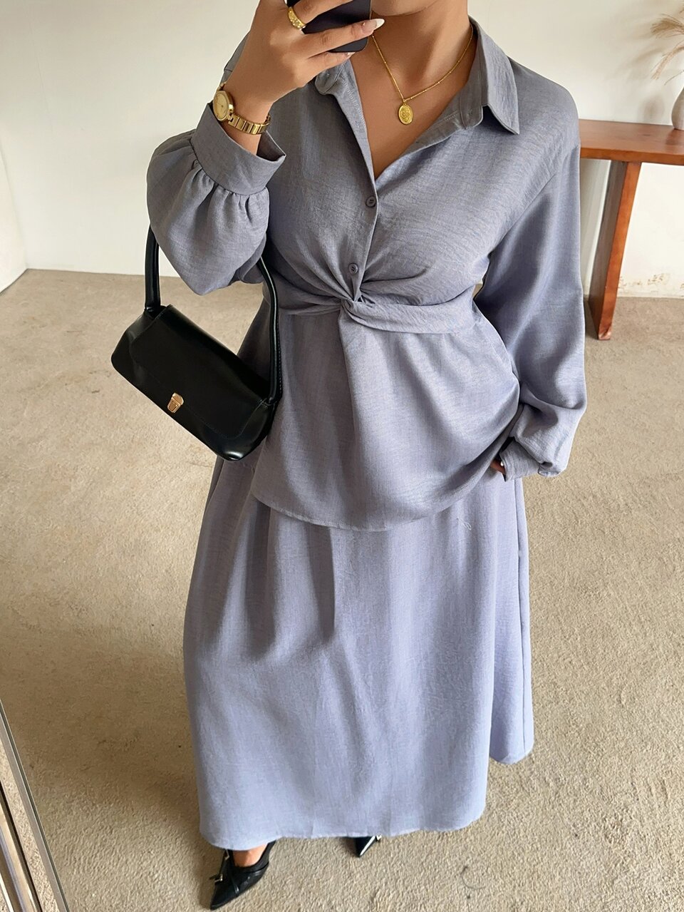 Dazy Plus Solid Color Casual Twist Pullover Shirt & A-Line Long Skirt 2 Pieces Set, Fun Commuter Outfit Fall