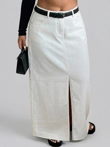Dazy Plus Spring Summer Autumn New High Waist Solid White Front Slit Frayed Hem Straight Leg Slim Fit Cotton Denim Skirt - White - View 2