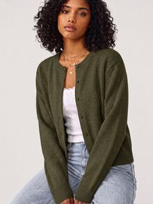 SHEIN BASICS 女款復古素色單排扣長袖針織開襟衫 - 軍綠色 - 查看 4