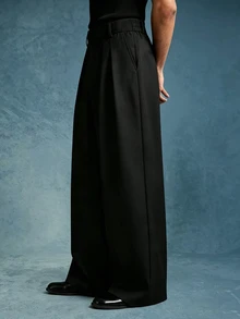 PAVTROS Men's Solid Color Pleated Loose Casual Wide Leg Pants - Black - View 6