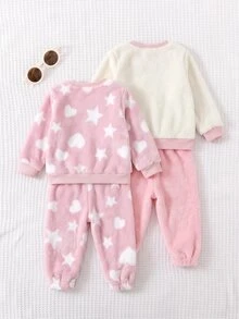 SHEIN 女嬰粉色可愛毛茸茸愛心圖案居家休閒套裝 - 粉色 - 查看 2