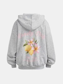 SHEIN Girlism 青少年女孩秋冬休閒灰色檸檬木槿花英文泡棉印花口袋衛衣，返校季 - 灰色 - 查看 3