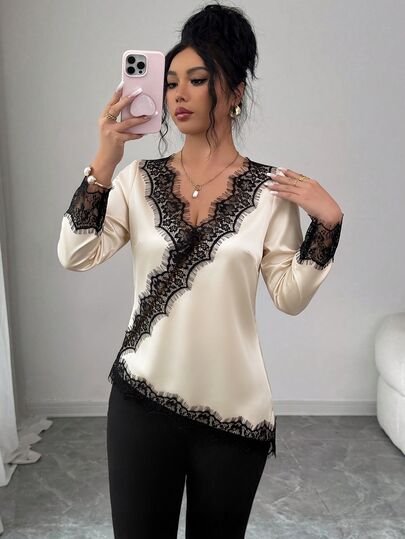 SHEIN Raffinéa Women's Elegant French Lace Patchwork Satin Asymmetric Hem Long Sleeve Blouse For Summer