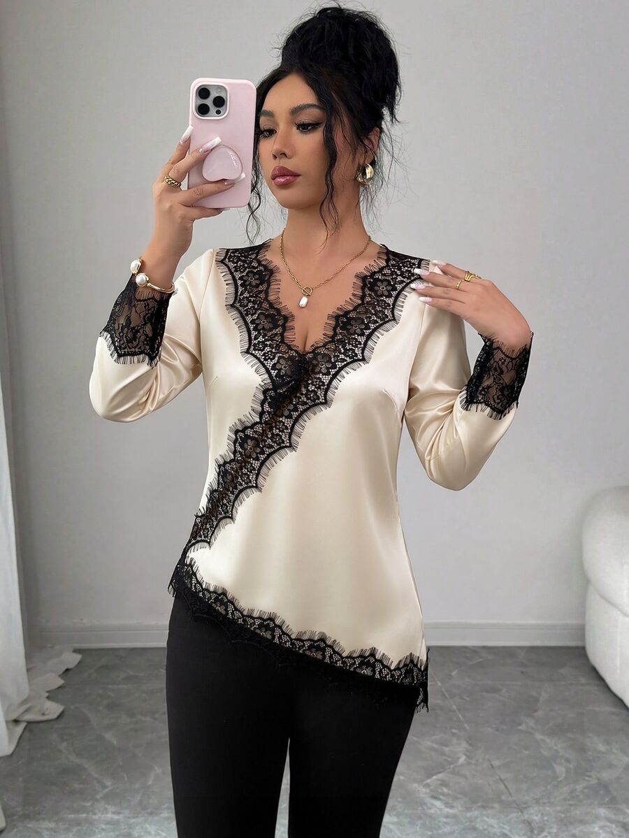 SHEIN Raffinéa بلوزة نسائية أنيقة من الدانتيل الفرنسي مع رقعات ساتان وحافة غير متماثلة وأكمام طويلة للصيف - لون مشمشي - مشاهدة 1