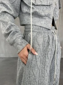 FRIFUL Damen 2er Set Reißverschluss Langarm Kapuzenpullover und Hose mit Kordelzug Taille und Taschen - Grau - Übersicht 9