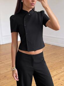 Avantive Women's European & American Vintage Waist-Cinching Cropped Design Top - Black - View 8