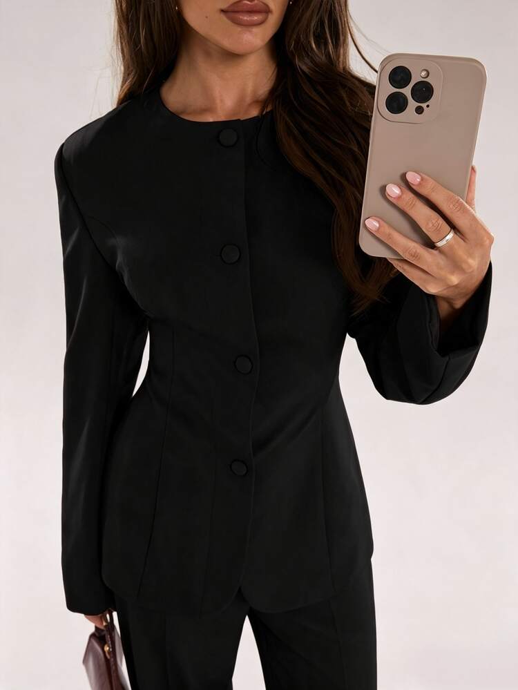 SHEIN BAE Women's Blazer With Padded Shoulders And Casual Pants 2 Pieces Set - Black - View 5