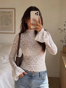 Lavishia Women's Elegant Romantic Autumn/Winter Lace Ruffle Flared Sleeve T-Shirt, Suitable For Wedding, Party, Date, Daily Wear - Apricot - View 1