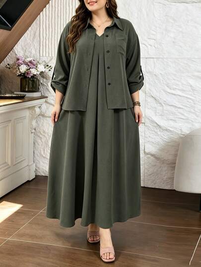Lacomfia Armégrön 2-delad set med skjorta och ärmlös klänning, lös bekväm minimalistisk avslappnad vardagsmångsidig plus size
