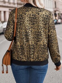 EMERY ROSE Plus Size Women Shiny Leopard Print Short Open‑Front Jacket, Elegant Autumn Winter Outerwear For Evening Outings & Holiday Parties - Black - View 2
