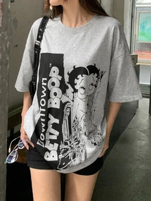 DAZY 女款卡通印花落肩寬鬆版型T恤 - 灰色 - 查看 7