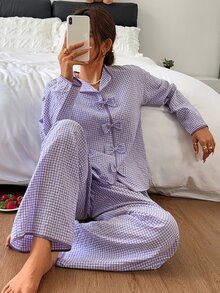 Livesso Spring/Autumn White Women's Style Bow Decor Loose Split Leg Pajama Set - Purple - View 6