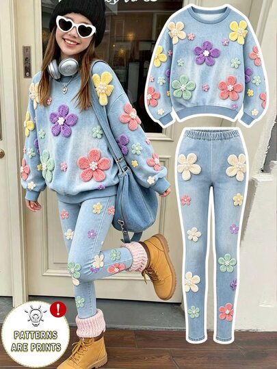 1 Set Tween Girls 3D Floral Print Crew Neck Sweatshirt + Slim Fit Leggings 2-Piece Casual Outfit