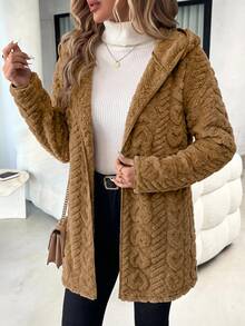 SHEIN Clasi 女款舒適連帽紋理保暖內裡拉鍊外套 - 駝色 - 查看 1