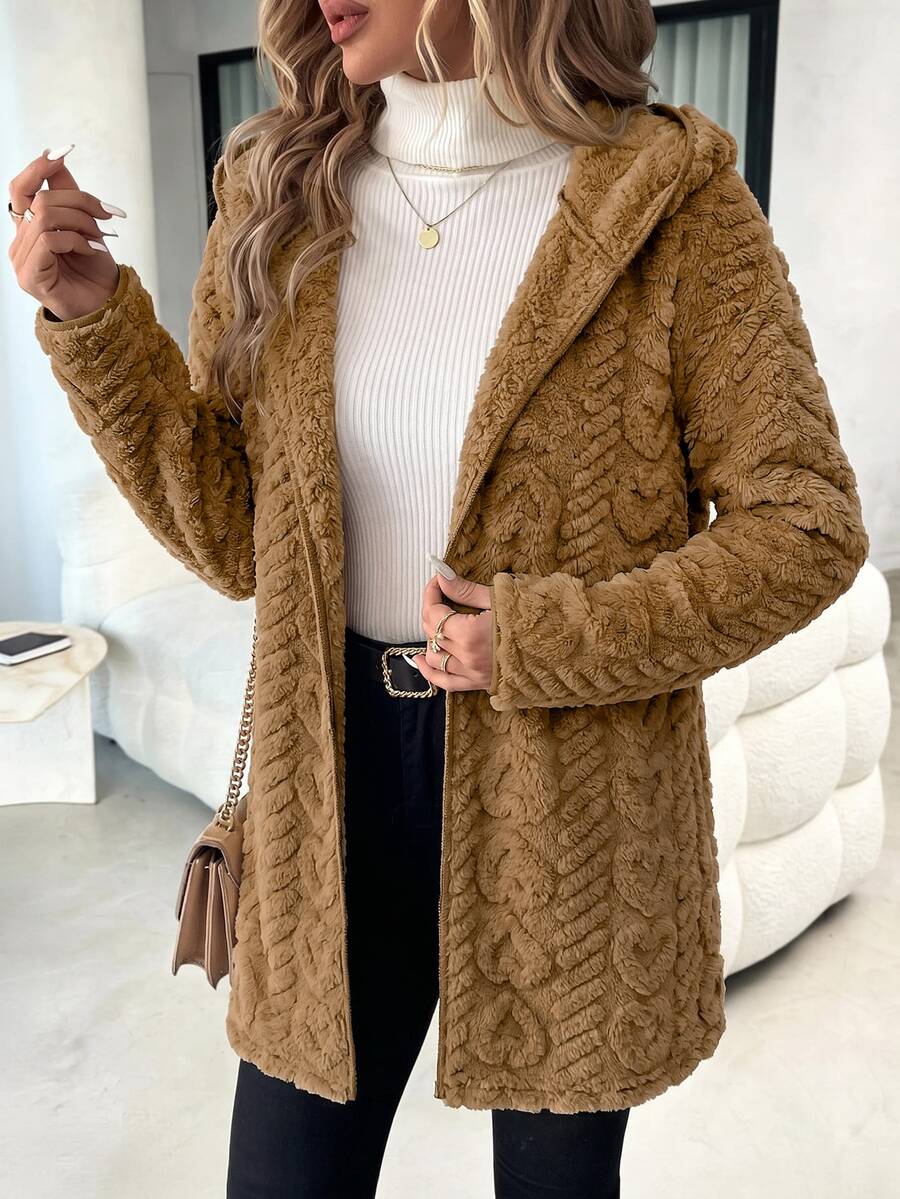 SHEIN Clasi 女款舒適連帽紋理保暖內裡拉鍊外套 - 駝色 - 查看 1