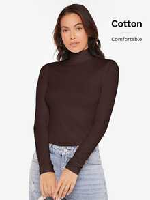 SHEIN BASICS High Neck Long Sleeves Rib-Knit Form Fitted Tee Tops For Women Black Tops - Coffee Brown - View 6