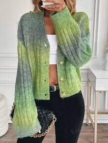 EMERY ROSE Autumn/Winter Casual Gradient Blend Cardigan - Army Green - View 1