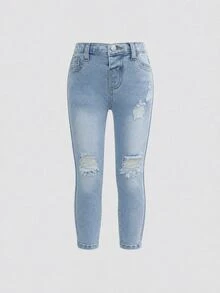 SHEIN Young Girl Casual Washed Distressed Slim Fit Jeans - Light Wash - View 1